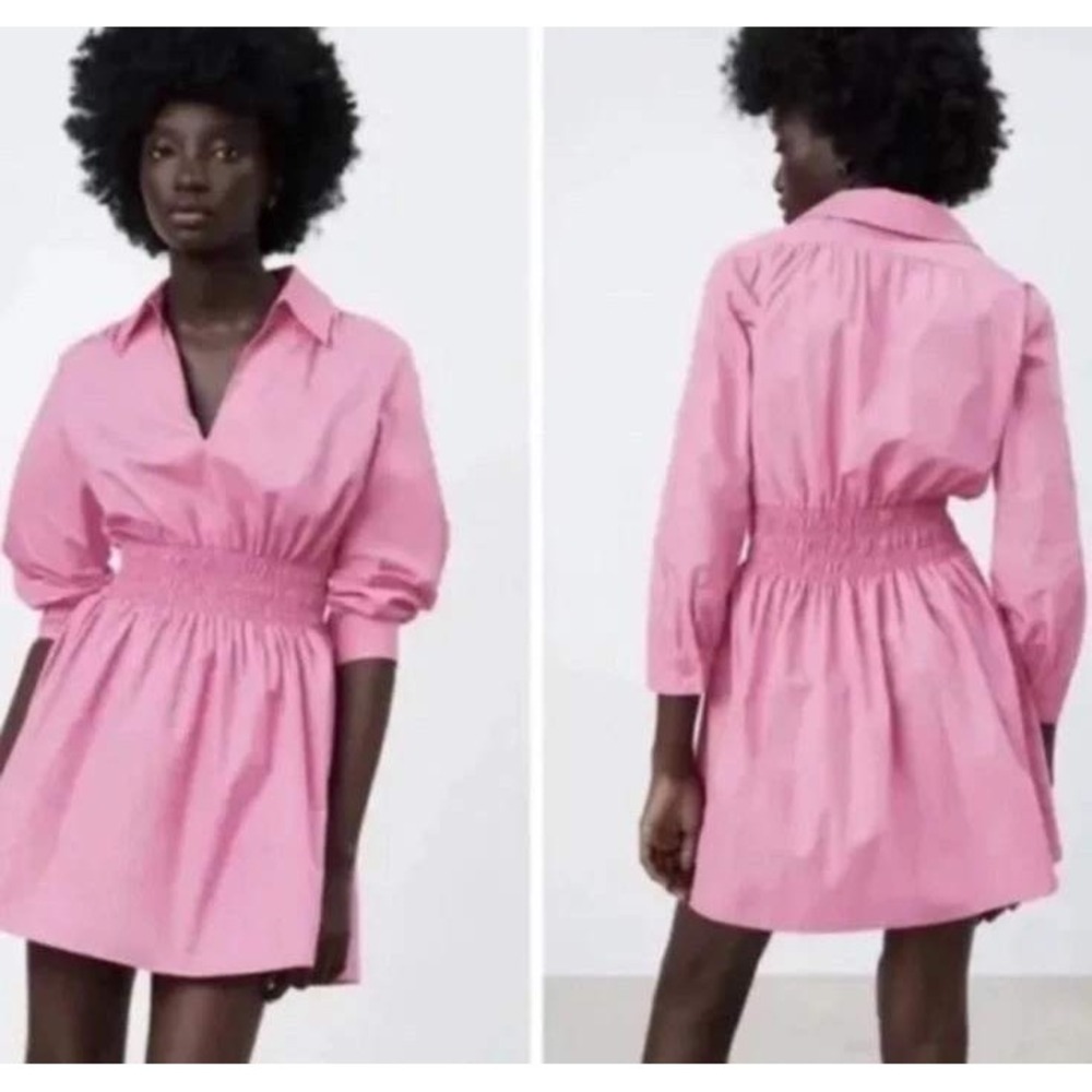 Zara Poplin Mini Dress Womens Size Small Pink Smocked Waist V-Neck Long Sleeve